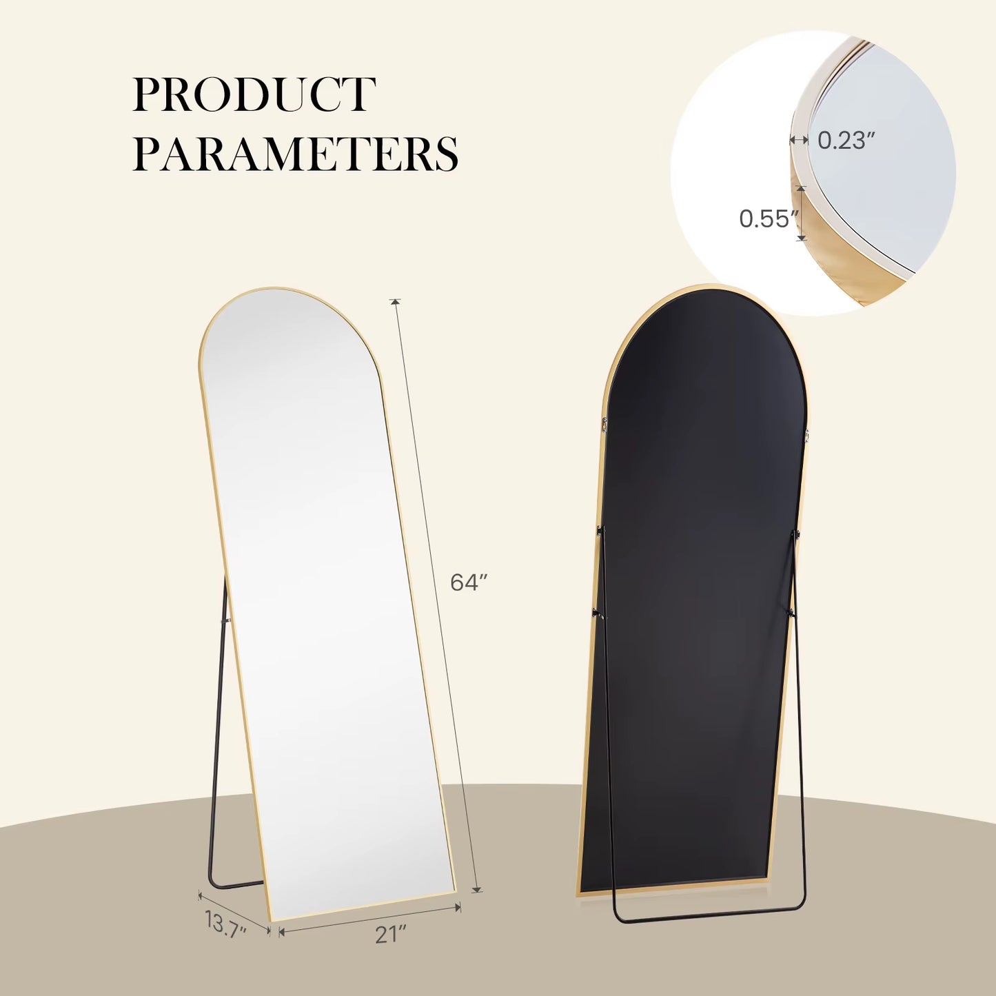 Pop Full Body Wall Mirror 59"X16"/64"X21" Standing or Wall-Hanging with Stand Aluminum Alloy Frame Bedroom Cloakroom Decoration