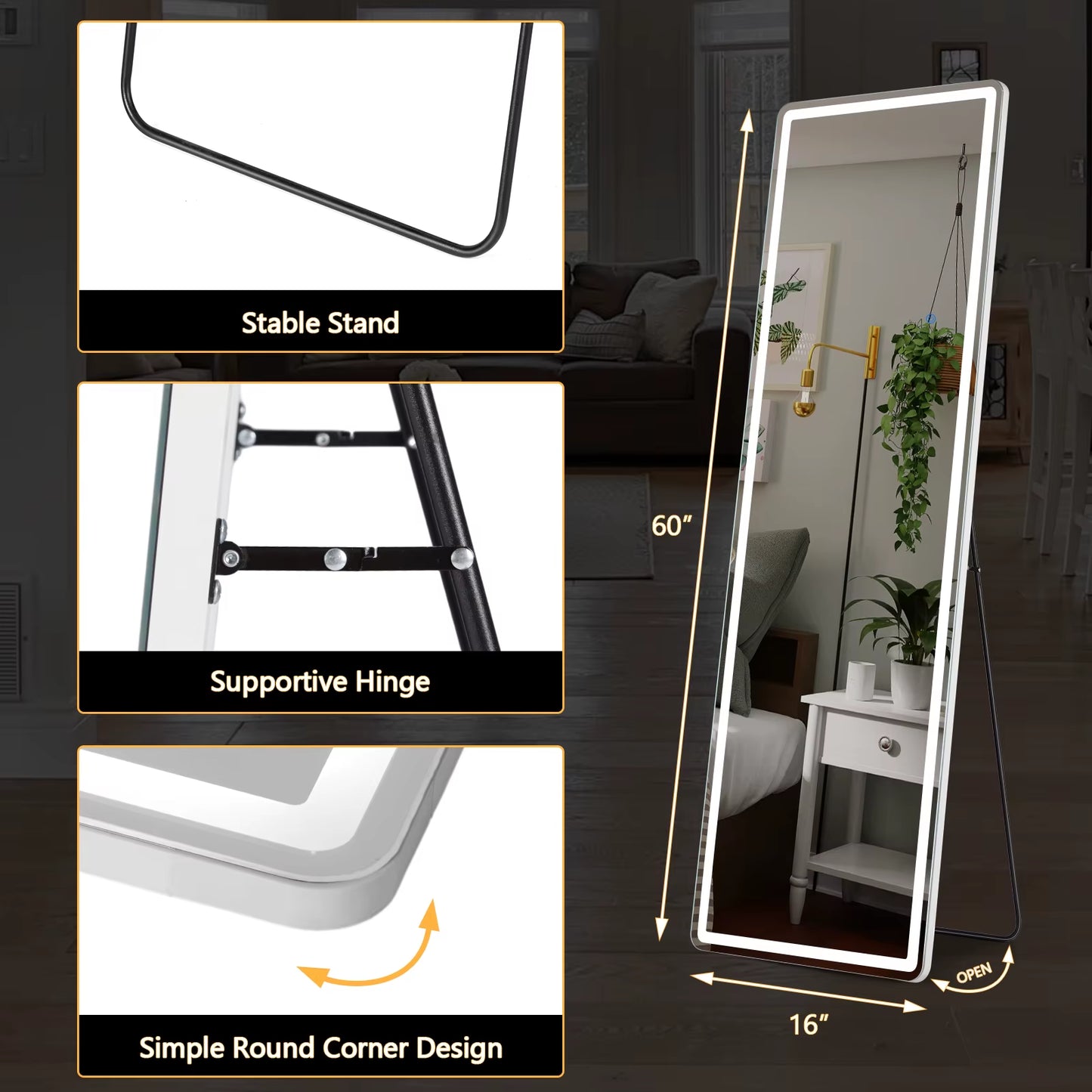 Pop Full Body Wall Mirror 59"X16"/64"X21" Standing or Wall-Hanging with Stand Aluminum Alloy Frame Bedroom Cloakroom Decoration