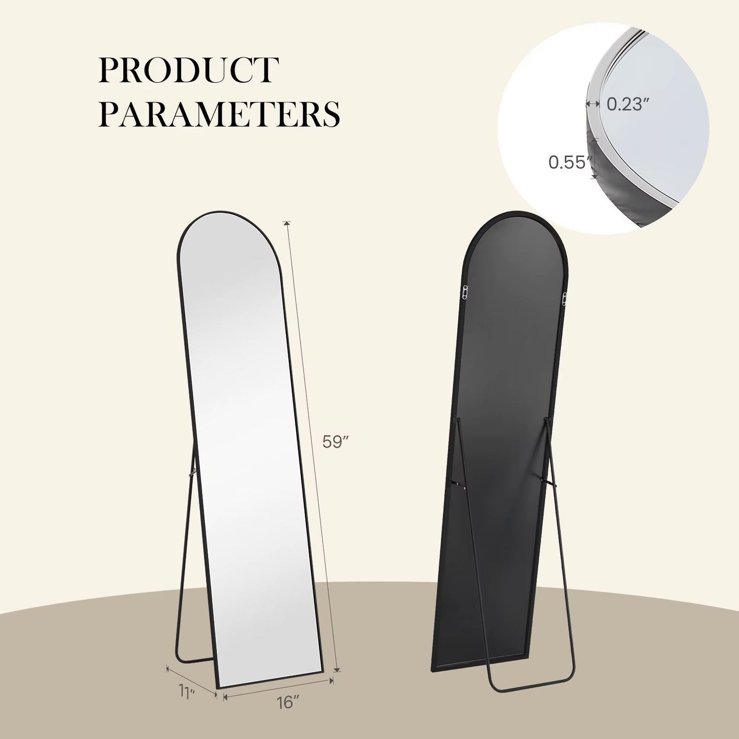 Pop Full Body Wall Mirror 59"X16"/64"X21" Standing or Wall-Hanging with Stand Aluminum Alloy Frame Bedroom Cloakroom Decoration