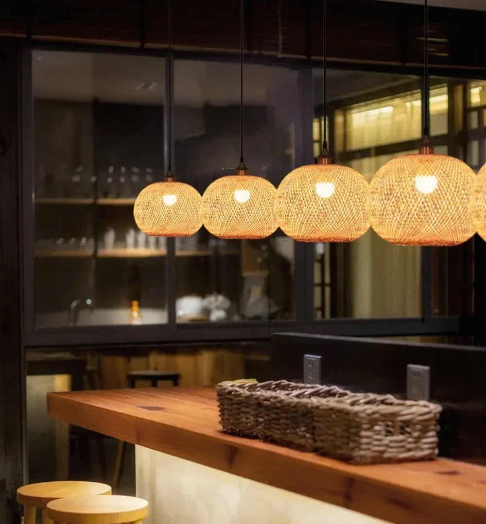 Classic Bamboo Ceiling Light Hanging Lamp Pendant Rattan Wicker Lustre Hand Knit Braiding Suspended Home Dining Dia30/35/40/45Cm
