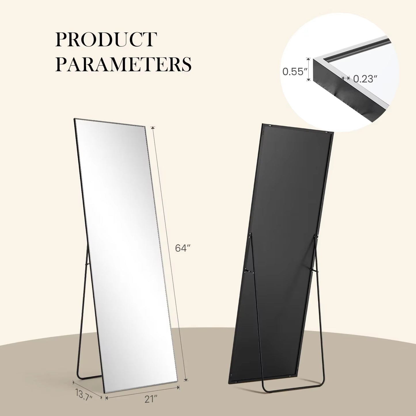 Pop Full Body Wall Mirror 59"X16"/64"X21" Standing or Wall-Hanging with Stand Aluminum Alloy Frame Bedroom Cloakroom Decoration