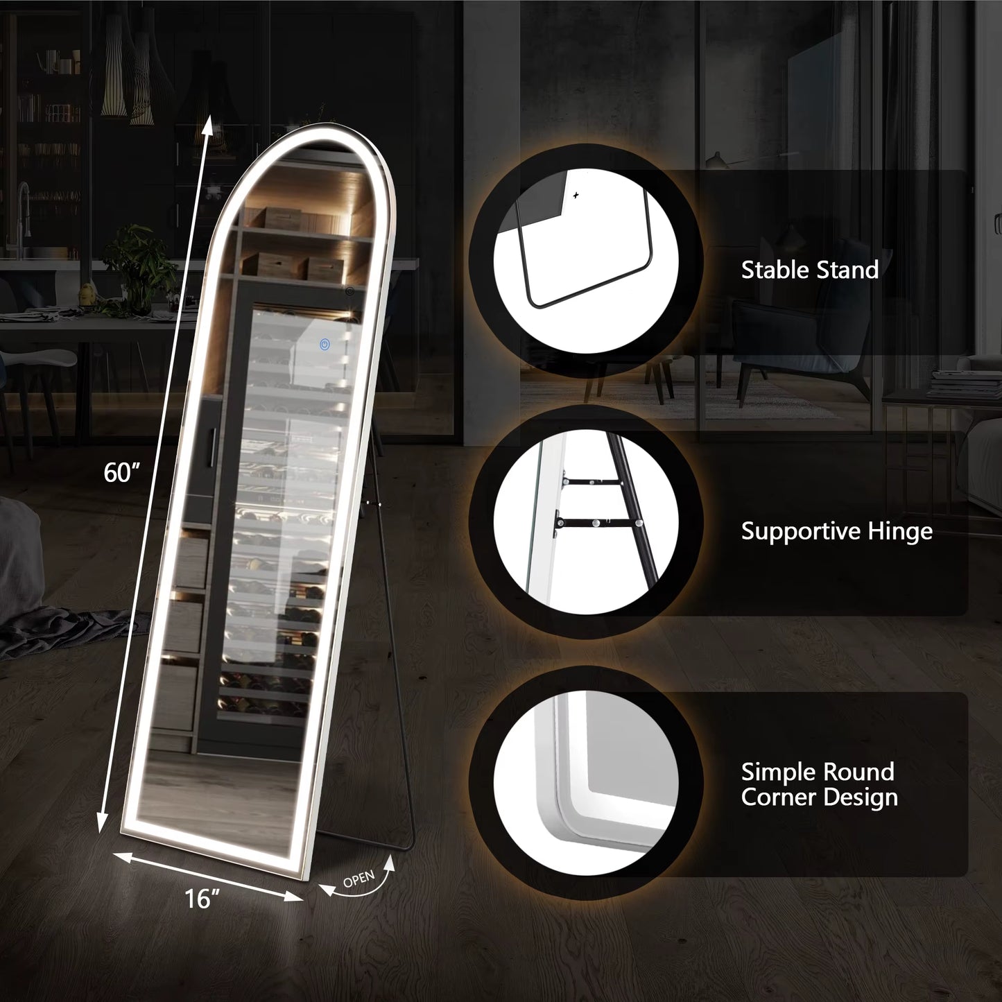 Pop Full Body Wall Mirror 59"X16"/64"X21" Standing or Wall-Hanging with Stand Aluminum Alloy Frame Bedroom Cloakroom Decoration