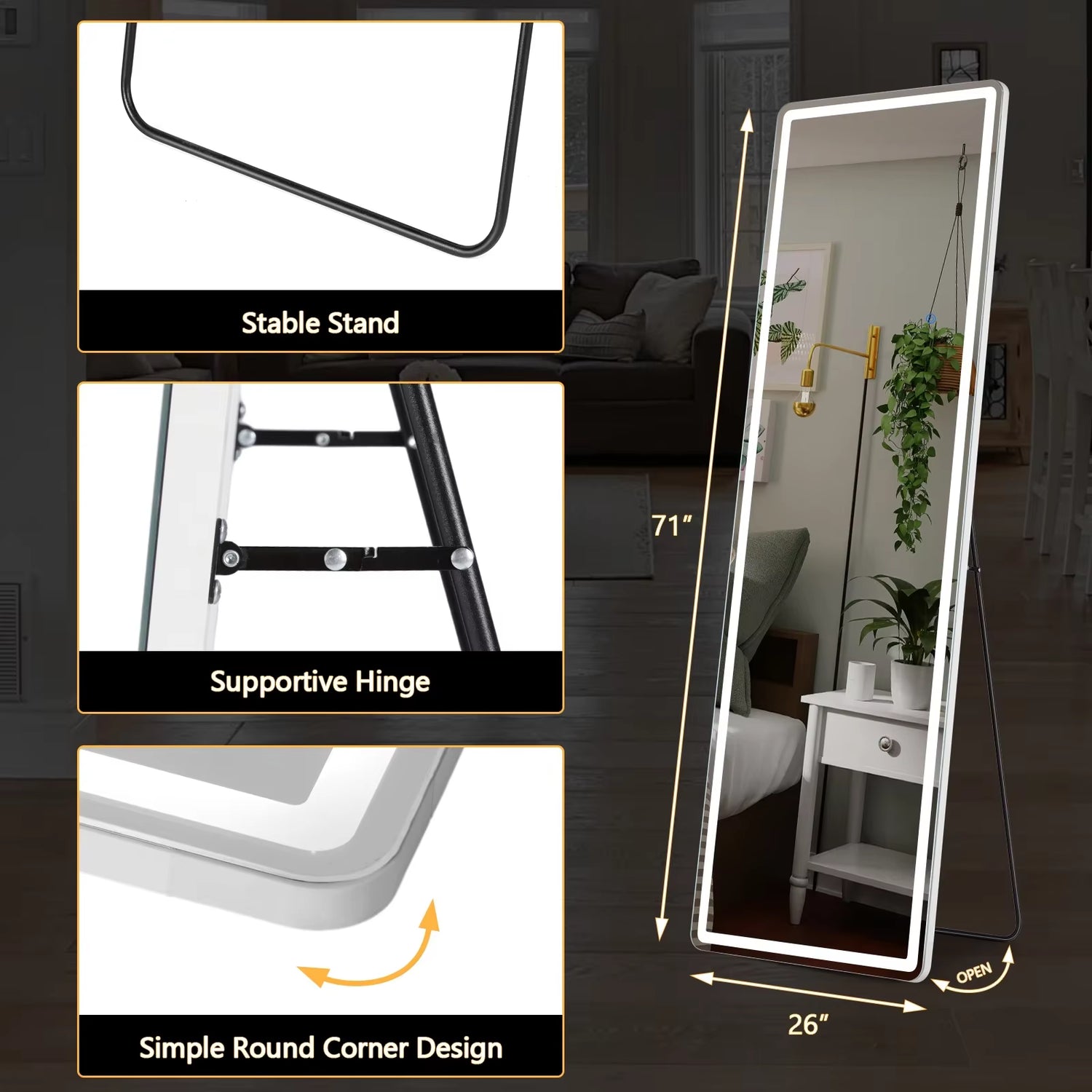 Pop Full Body Wall Mirror 59"X16"/64"X21" Standing or Wall-Hanging with Stand Aluminum Alloy Frame Bedroom Cloakroom Decoration