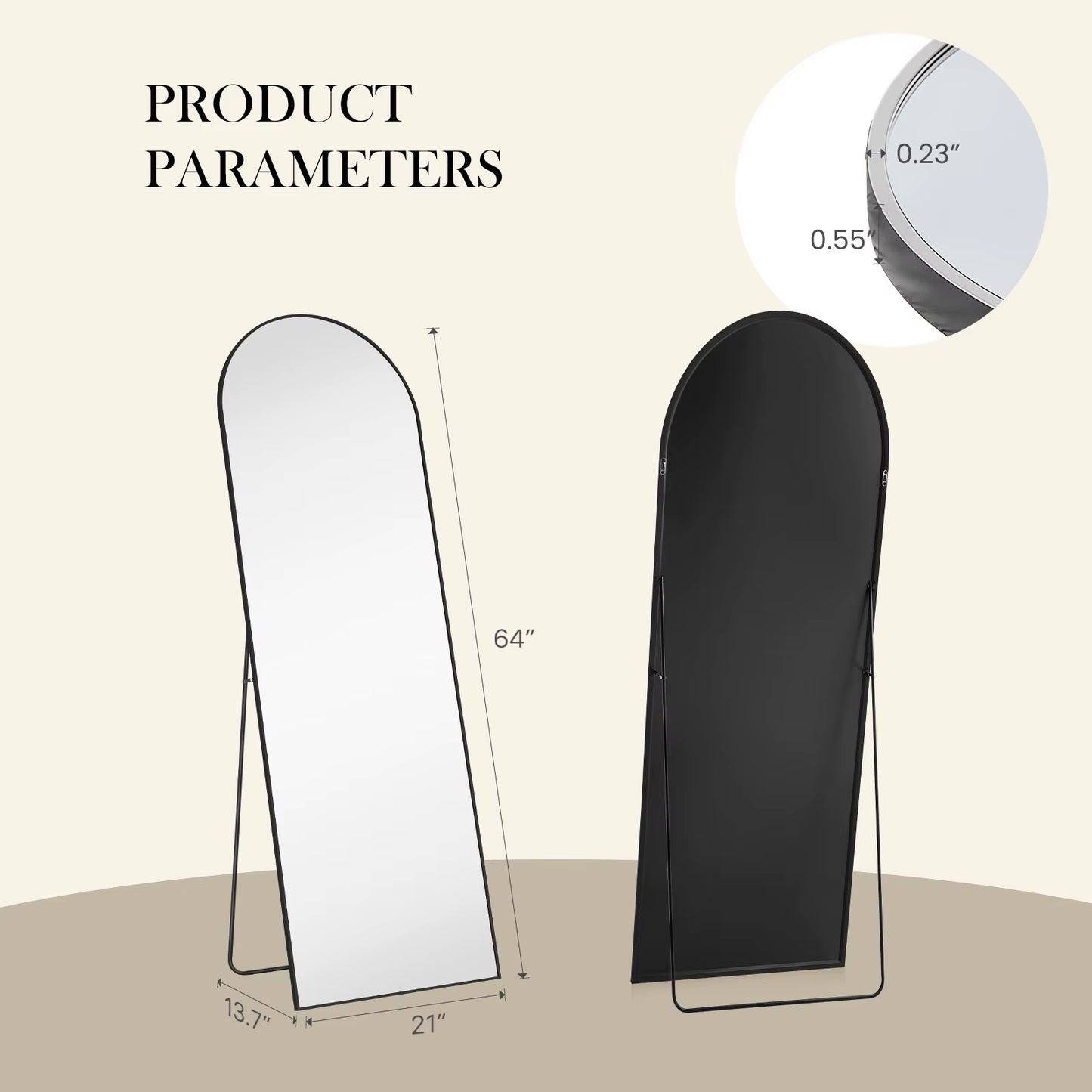 Pop Full Body Wall Mirror 59"X16"/64"X21" Standing or Wall-Hanging with Stand Aluminum Alloy Frame Bedroom Cloakroom Decoration