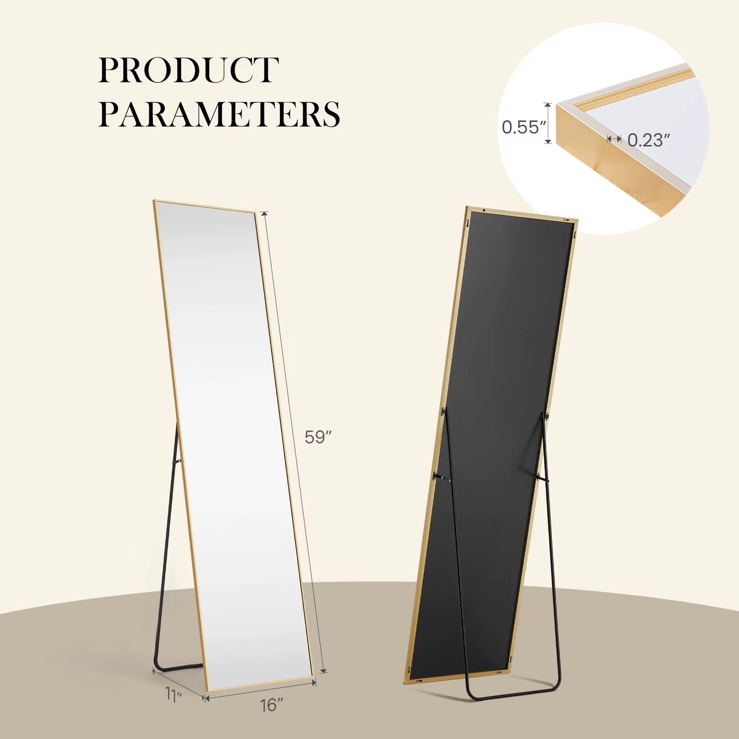 Pop Full Body Wall Mirror 59"X16"/64"X21" Standing or Wall-Hanging with Stand Aluminum Alloy Frame Bedroom Cloakroom Decoration