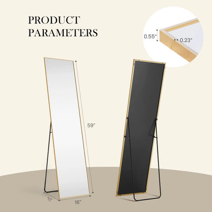 Pop Full Body Wall Mirror 59"X16"/64"X21" Standing or Wall-Hanging with Stand Aluminum Alloy Frame Bedroom Cloakroom Decoration