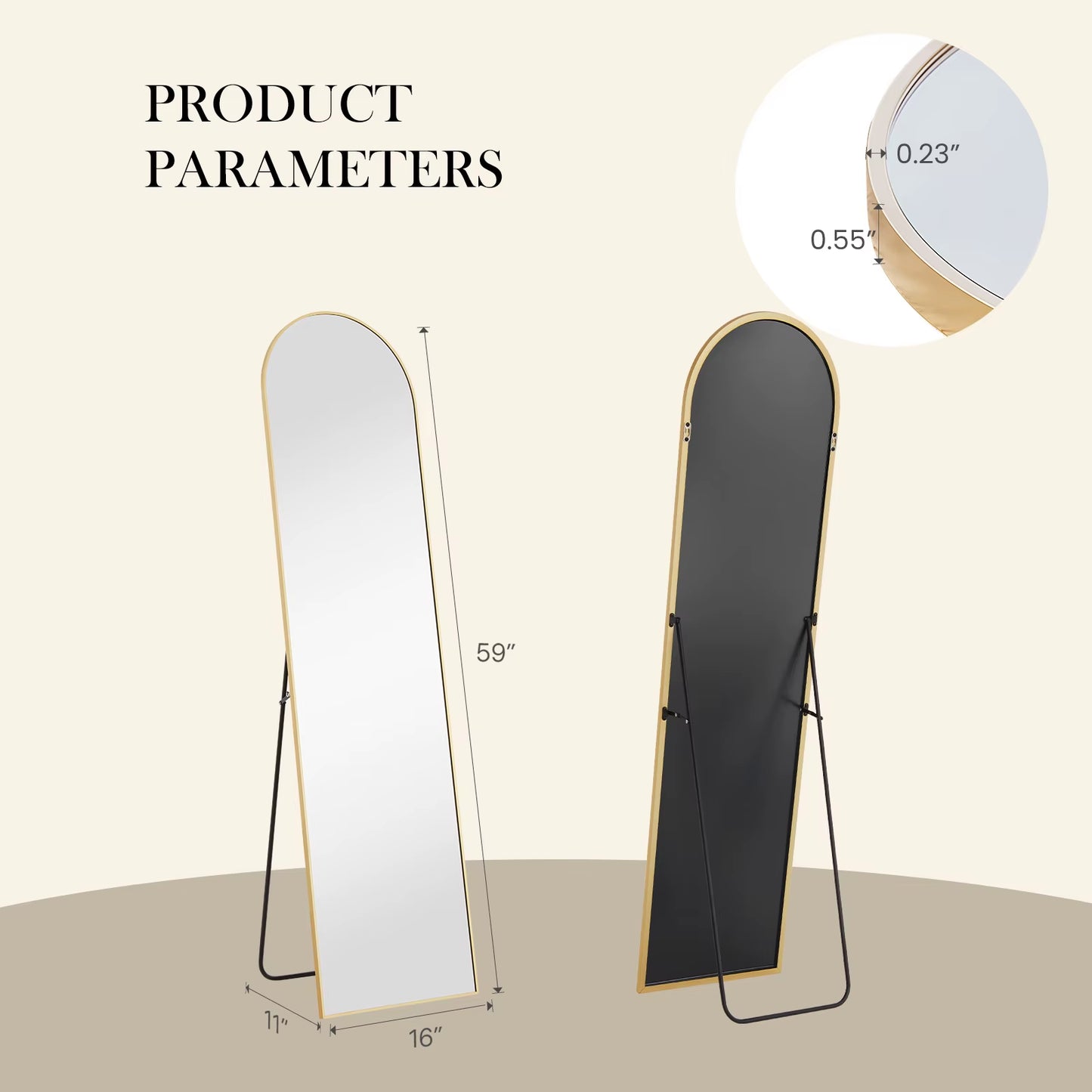 Pop Full Body Wall Mirror 59"X16"/64"X21" Standing or Wall-Hanging with Stand Aluminum Alloy Frame Bedroom Cloakroom Decoration