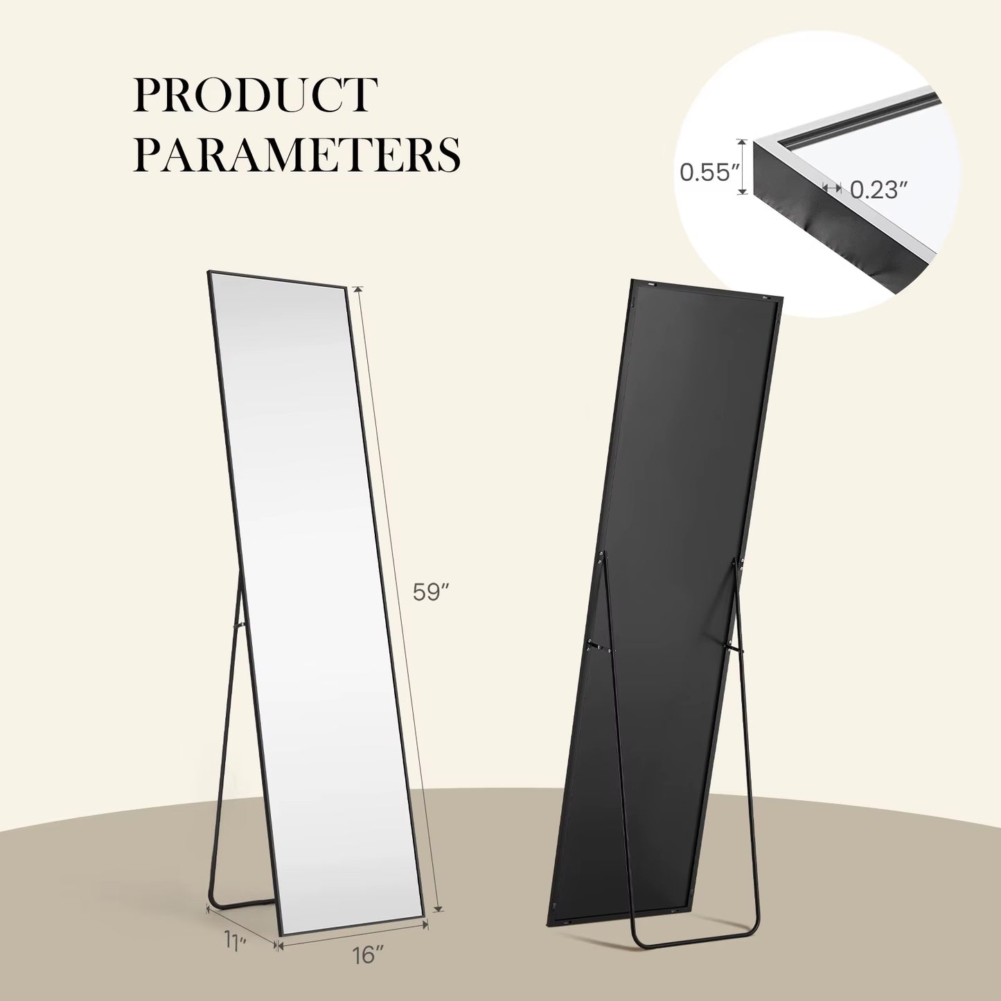 Pop Full Body Wall Mirror 59"X16"/64"X21" Standing or Wall-Hanging with Stand Aluminum Alloy Frame Bedroom Cloakroom Decoration