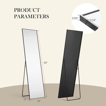 Pop Full Body Wall Mirror 59"X16"/64"X21" Standing or Wall-Hanging with Stand Aluminum Alloy Frame Bedroom Cloakroom Decoration