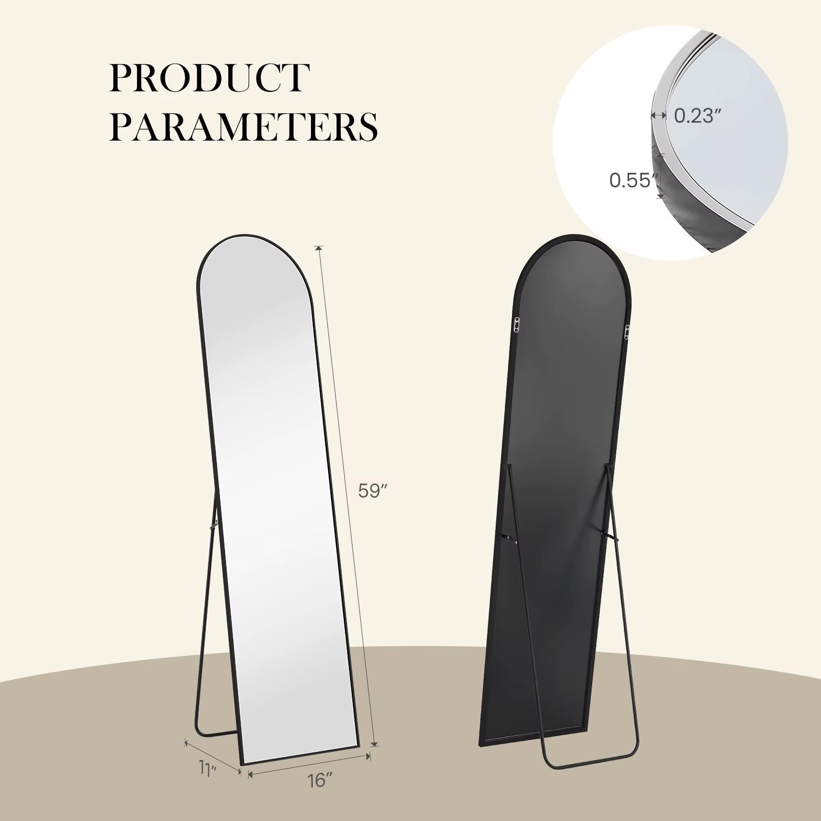 Pop Full Body Wall Mirror 59"X16"/64"X21" Standing or Wall-Hanging with Stand Aluminum Alloy Frame Bedroom Cloakroom Decoration