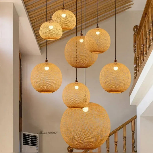Classic Bamboo Ceiling Light Hanging Lamp Pendant Rattan Wicker Lustre Hand Knit Braiding Suspended Home Dining Dia30/35/40/45Cm