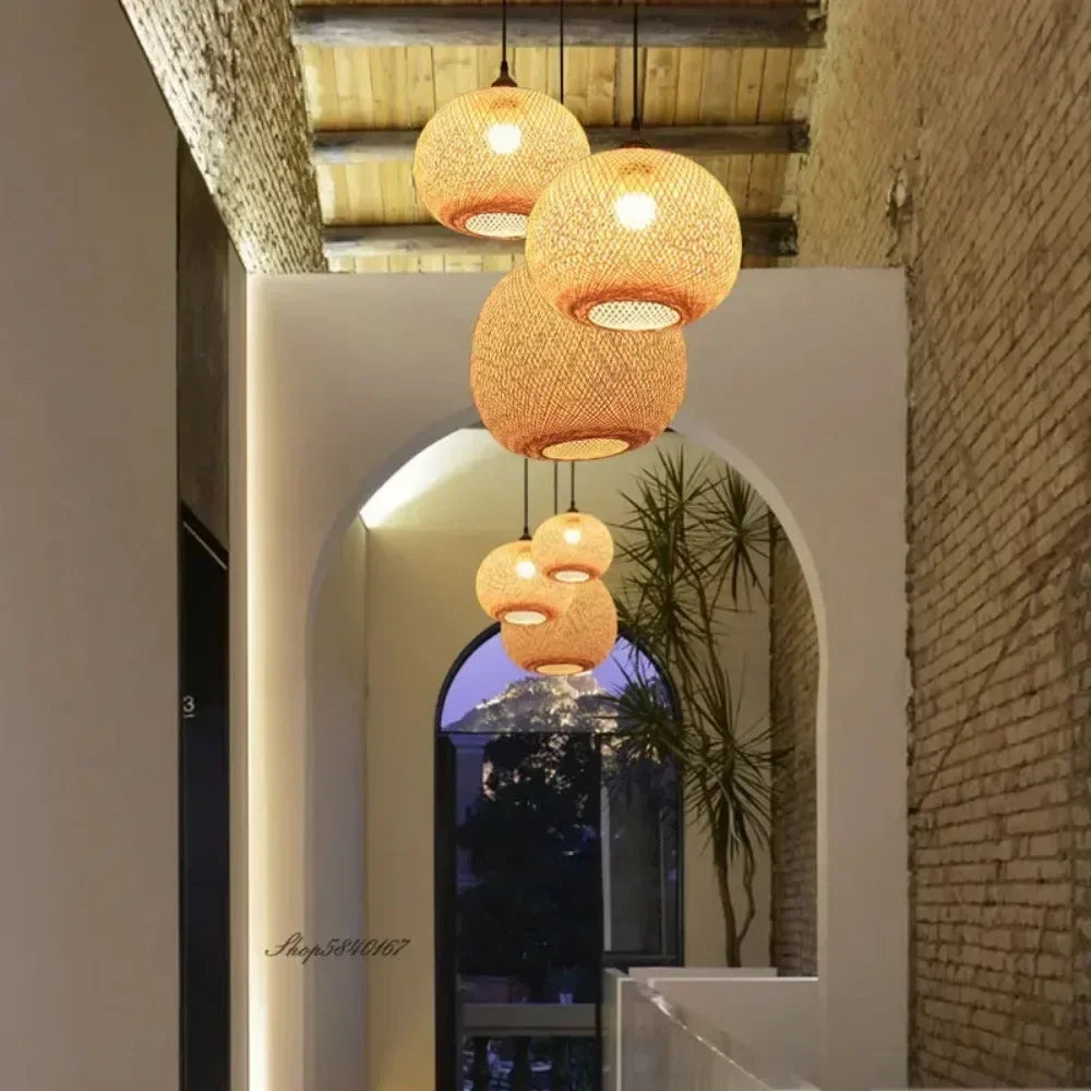 Classic Bamboo Ceiling Light Hanging Lamp Pendant Rattan Wicker Lustre Hand Knit Braiding Suspended Home Dining Dia30/35/40/45Cm