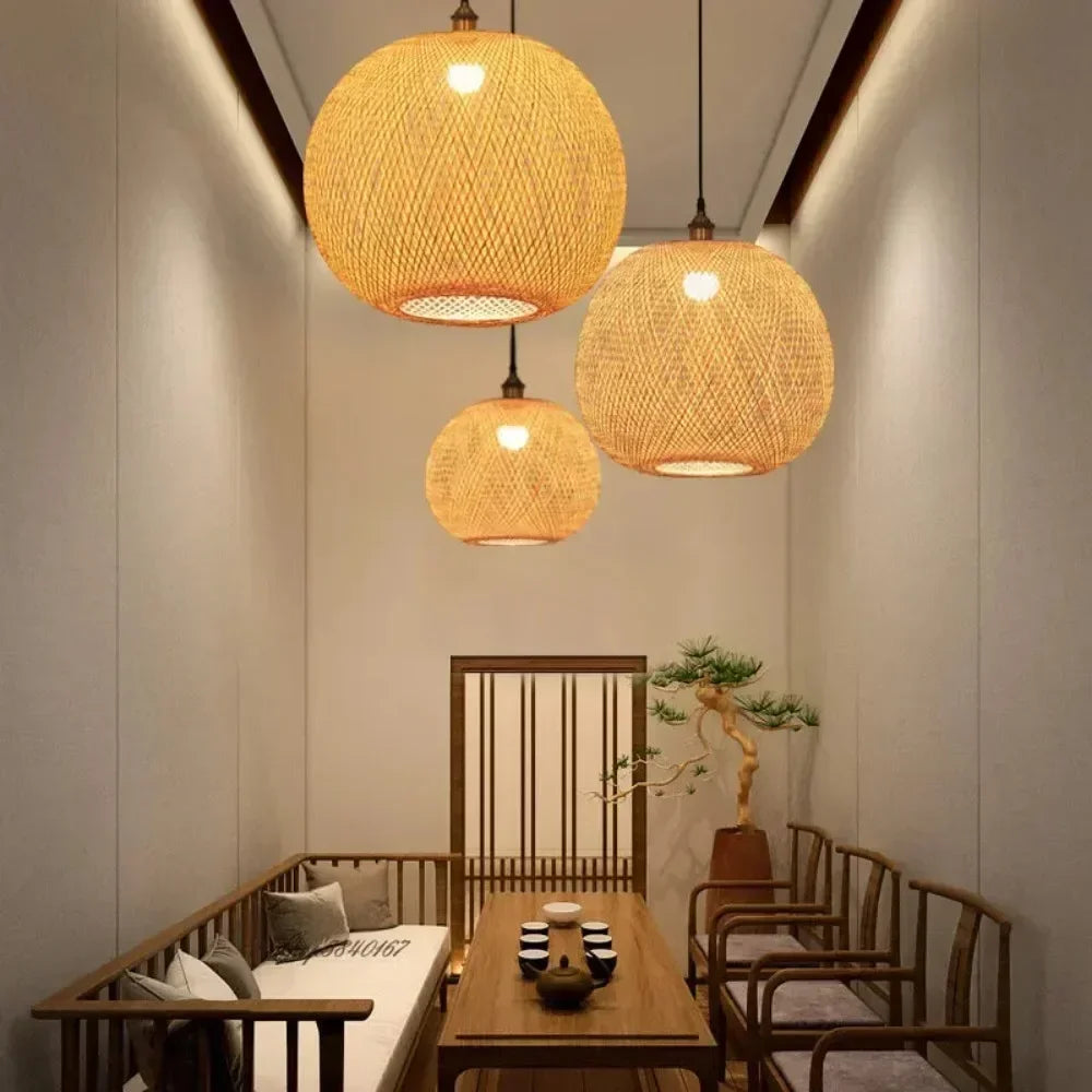 Classic Bamboo Ceiling Light Hanging Lamp Pendant Rattan Wicker Lustre Hand Knit Braiding Suspended Home Dining Dia30/35/40/45Cm