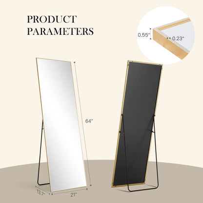 Pop Full Body Wall Mirror 59"X16"/64"X21" Standing or Wall-Hanging with Stand Aluminum Alloy Frame Bedroom Cloakroom Decoration
