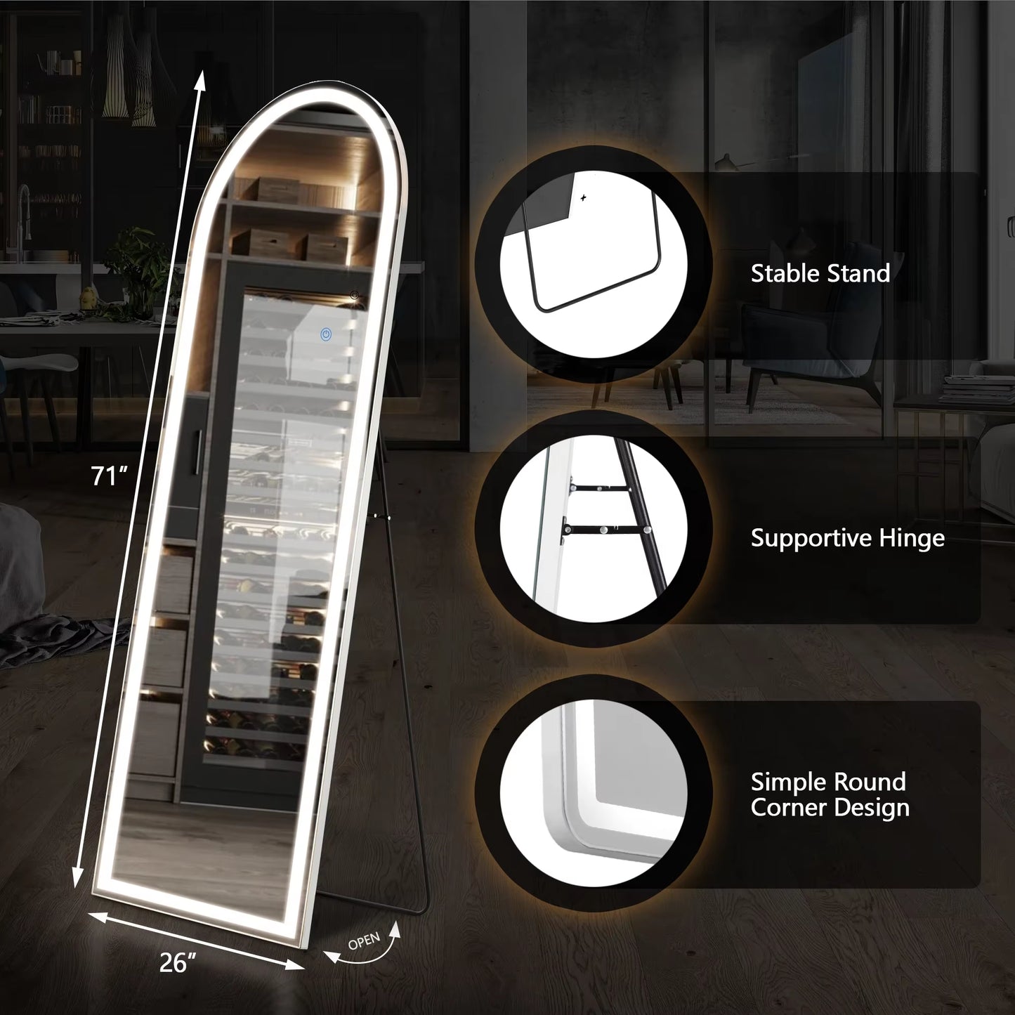 Pop Full Body Wall Mirror 59"X16"/64"X21" Standing or Wall-Hanging with Stand Aluminum Alloy Frame Bedroom Cloakroom Decoration